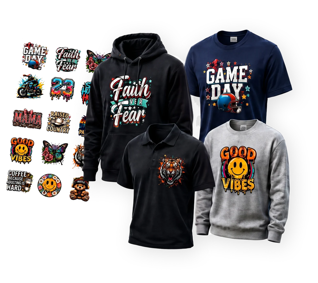 A sheet of DTF transfers beside a hoodie, polo, tee and sweatshirt printed with them