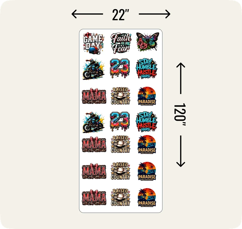 DTF gang sheet, 22 by 120 inches