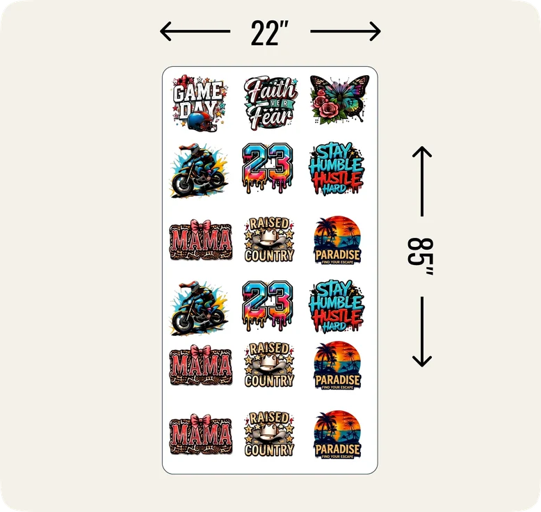 DTF gang sheet, 22 by 85 inches