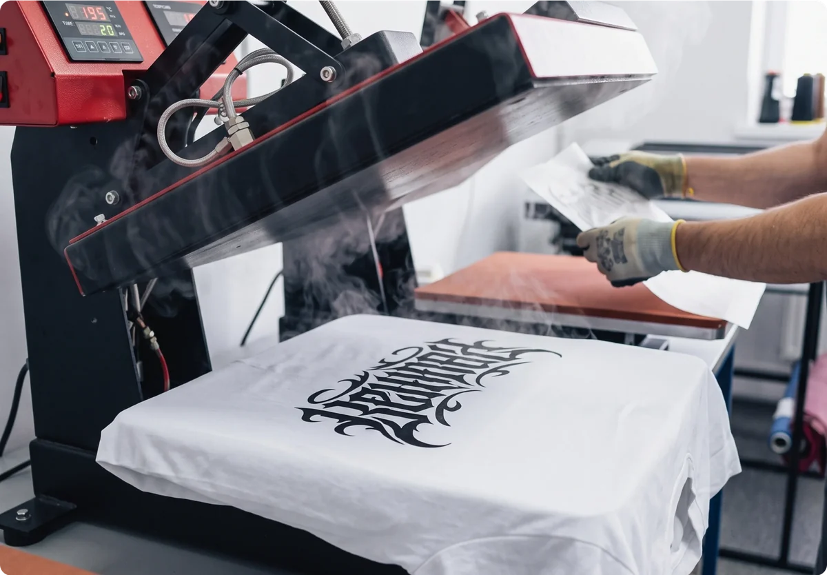 A heat press applying a DTF transfer to a white T-shirt