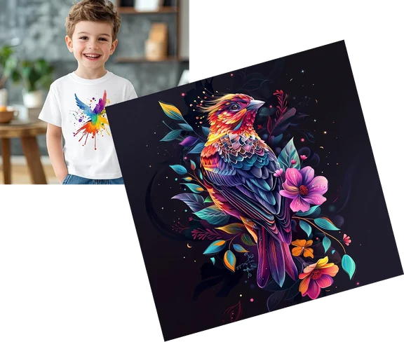 A child in a white tee printed with a colourful bird design