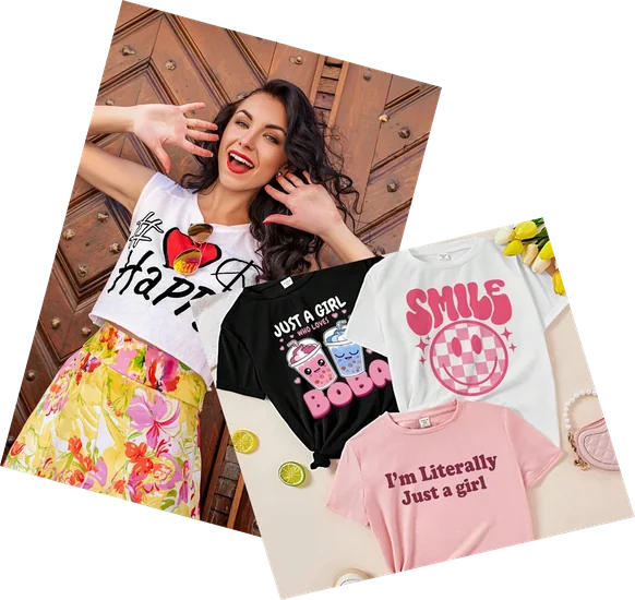 A woman in a printed tee beside a stack of DTF printed shirts